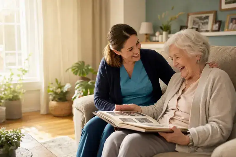 Compassionate caregiver with smiling patient at home
