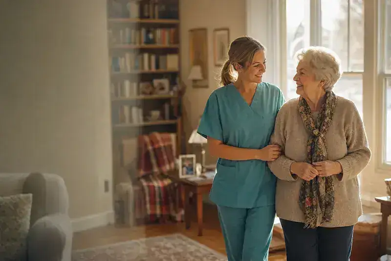 Caregiver and senior sharing a moment in a sunlit living room
