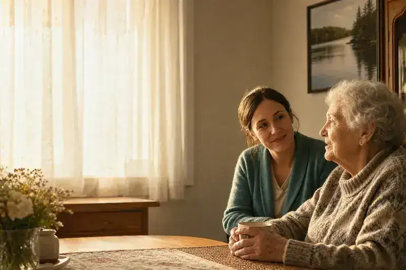 Caregiver listening at a Canadian kitchen table over tea