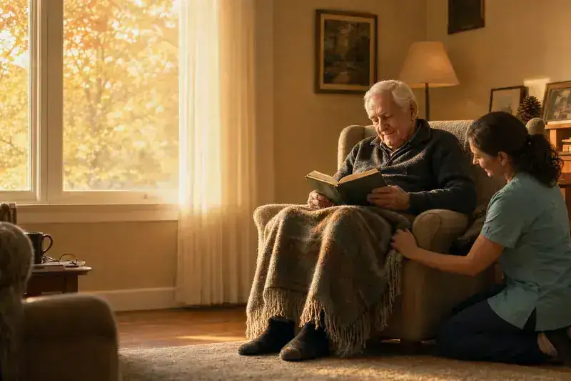 Caregiver gently adjusting a blanket for a senior reading at home