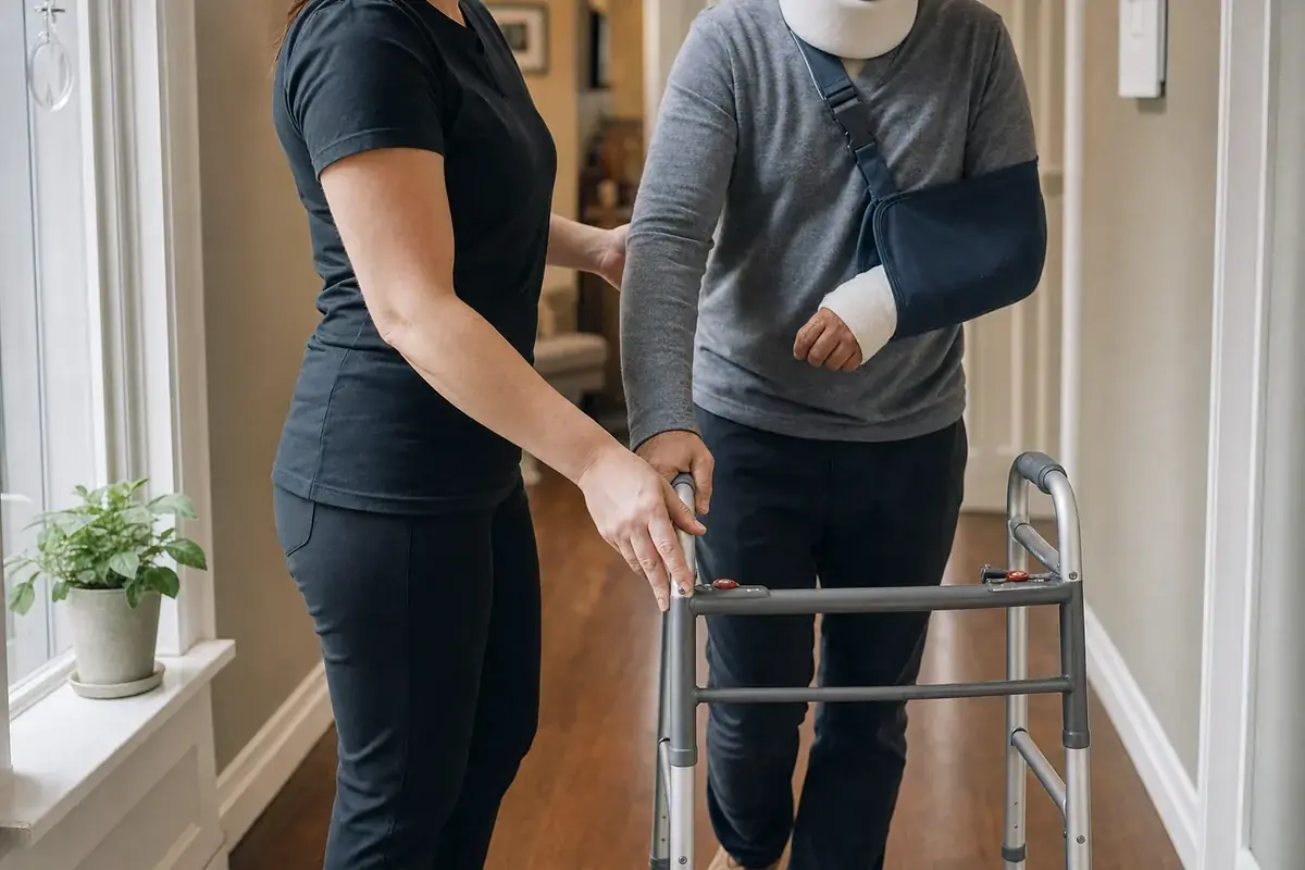 PSW assisting client with mobility after motor vehicle accident