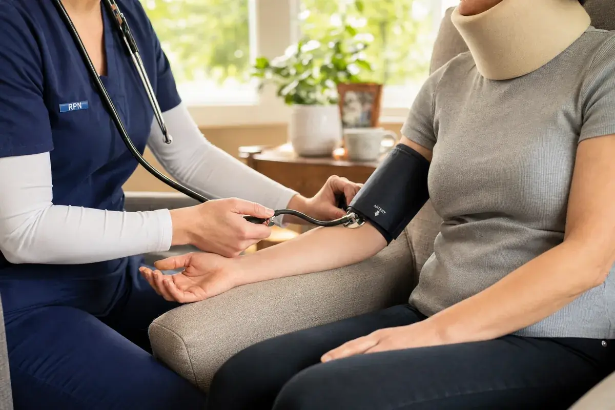 RPN checking vitals during in-home MVA recovery visit