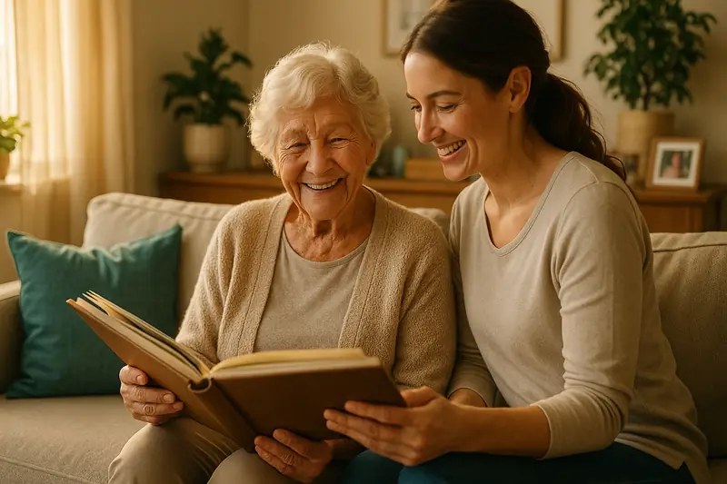 A senior and her caregiver smiling over a photo album together at home