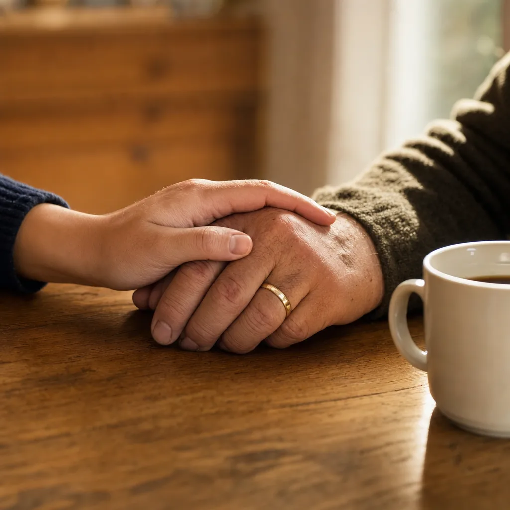 A care worker's hand gently resting on the hand of an older veteran at his kitchen table